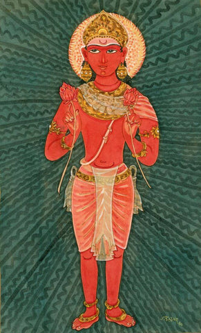 The Sun God Lord Surya Holding Two Lotuses - Indian Spiritual Religious Art Painting by Raja