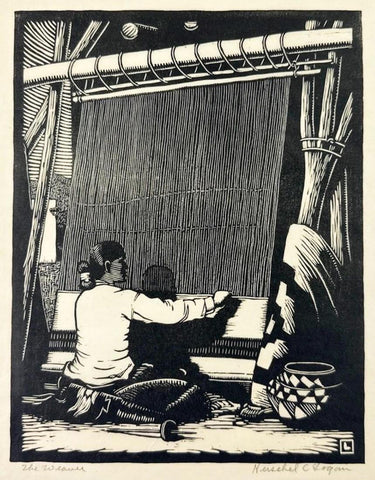 The Weaver - Haren Das - Bengal School Art Woodcut Painting by Haren Das