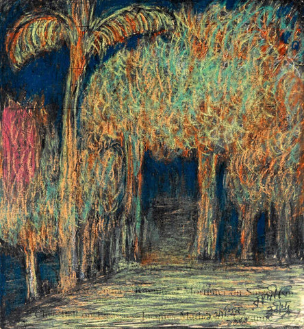 Treescape With Palms - Rabindranath Tagore - Bengal School - Indian Art Painting by Rabindranath Tagore