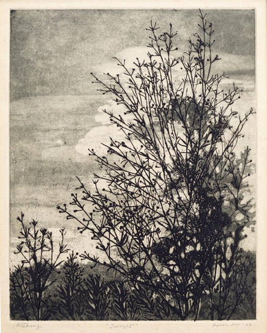 Twilight - Haren Das - Bengal School Art Woodcut Painting by Haren Das