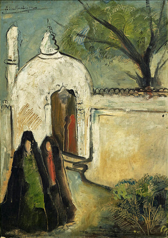 Two Women And Mosque - Sailoz Mookherjea - Bengal School Art - Indian Painting1947 by Sailoz Mookherjea