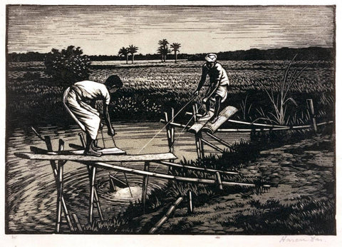 Watering Contrivance - Haren Das - Bengal School Art Woodcut Painting by Haren Das