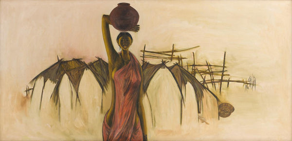 Woman Carrying Water Pot - B Prabha - Indian Art Painting - Framed Prints