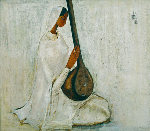 Woman Playing Sitar Veena - B Prabha - Indian Art Painting by B. Prabha