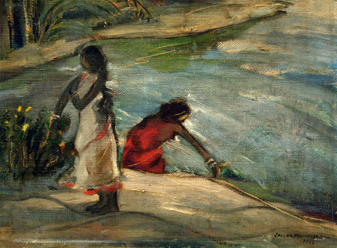 Women On The River Bank - Sailoz Mookherjea - Bengal School Art - Indian Painting by Sailoz Mookherjea