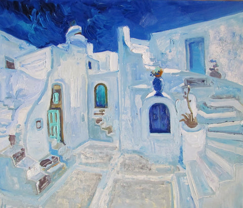 A Santorini Home In The Style Of Van Gogh - Canvas Prints by Roselyn Imani