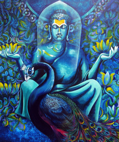 Buddha With Peacock - Framed Prints by Sina Irani