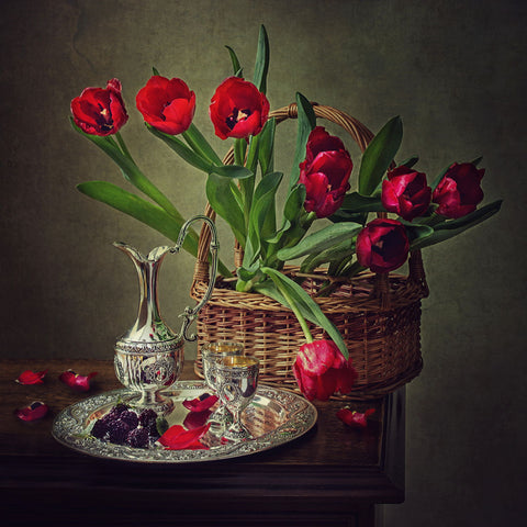 Still Life With Red Tulips - Canvas Prints by Iryna Prykhodzka