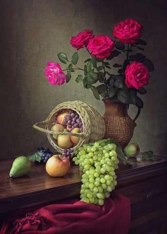 Still Life With Roses And Fruit by Iryna Prykhodzka