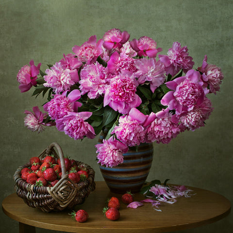 With Peonies And Strawberries by Iryna Prykhodzka