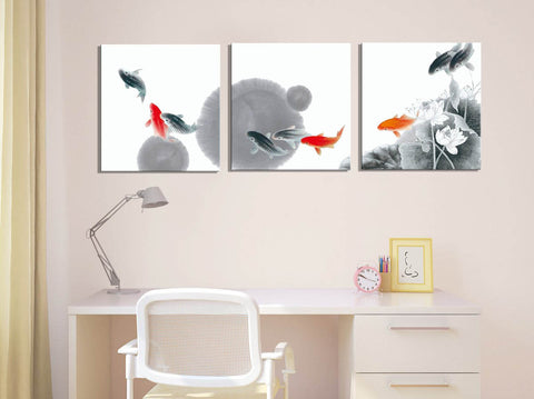 Chinese Ink Art - Fish Pond - Triptych - Art Panels by Susie Bryan