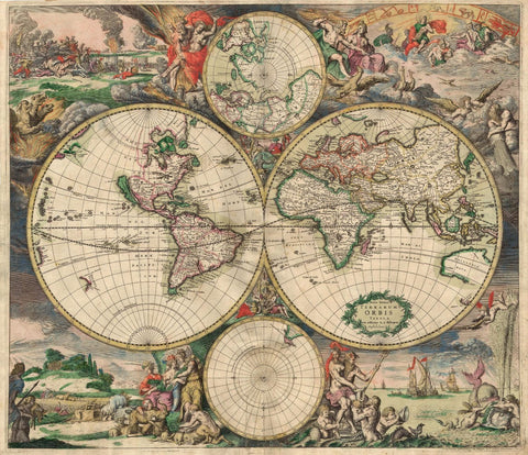 Decorative Vintage World Map - 16th Century World - Gerard van Schagen - 1689 by Gerard van Schagen