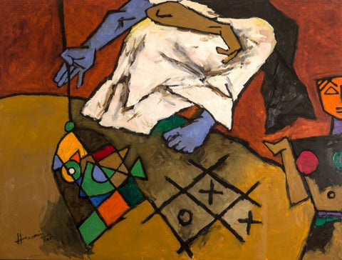 A Magician Dangles the Fortune Bird in a Cage - Canvas Prints by M F Husain
