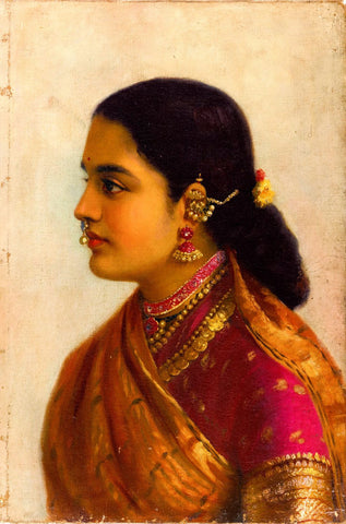 Portrait of a Young Woman in Russet and Crimson Sari - Canvas Prints by Raja Ravi Varma