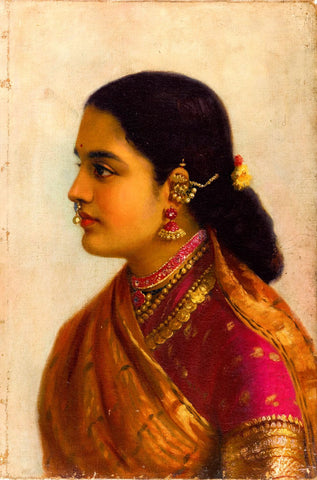 Portrait of a Young Woman in Russet and Crimson Sari by Raja Ravi Varma