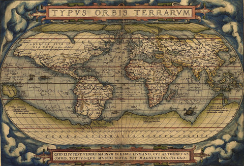 Decorative Vintage World Map - Typus Orbis Terrarum - Abraham Ortelius - 1570 by Abraham Ortelius