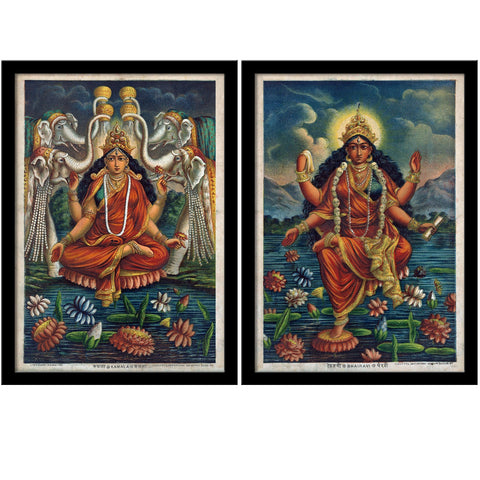 Kamala And Bhairavi - Set of 2 - Bengal School of Art  - Framed Canvas - (17 x 24 inches)each by Tallenge