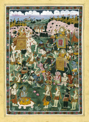 A Battle Scene At Lanka - Murshidabad School -Vintage Indian Miniature Art From Ramayana - Canvas Prints by Tallenge