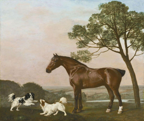 A Bay Hunter With Two Playful Spaniels - George Stubbs Painting - Posters by George Stubbs