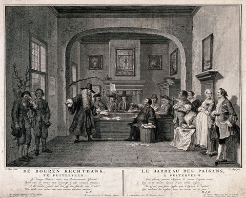 A Courtroom Hearing A Paternity Suite - P Tanjé 1752 - Legal Office Art Engraving Painting by Office Art