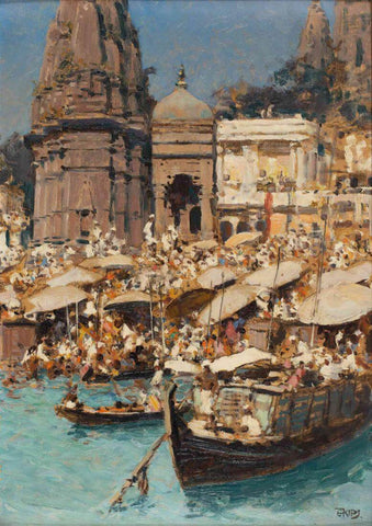 A Ghat in Benares - Erich Kips - Vintage Orientalist Paintings of India - Posters by Erich Kips