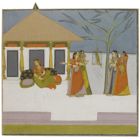 A Nayika On A Terrace With Attendants - C.1830-40- Vintage Indian Miniature Art Painting - Canvas Prints by Miniature Vintage