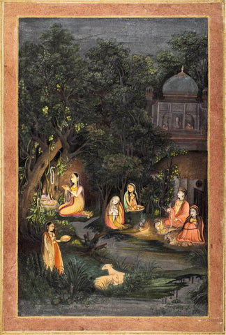 A Princess Visiting Forest Shrine At Night - Mir Kalan Khan - Mughal Miniature Art Indian Painting by Mir Kalan Khan