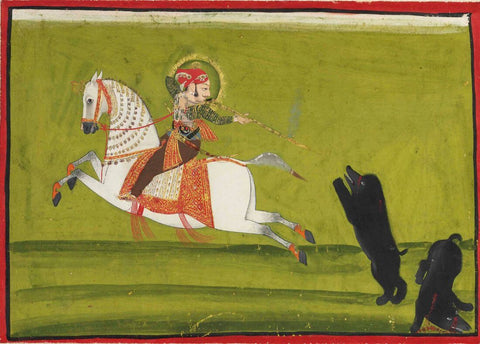 A Raja Hunting Bears, Possibly Maharana Ari Singh - Mewar School - C.1765 - Vintage Indian Miniature Art Painting by Miniature Vintage