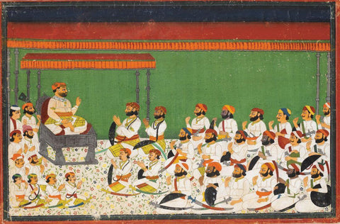 A Raja Presides Over His Audience - Mewar Rajasthan School 19Th Century - Indian Vintage Miniature Painting -  Vintage Indian Miniature Art Painting by Miniature Vintage