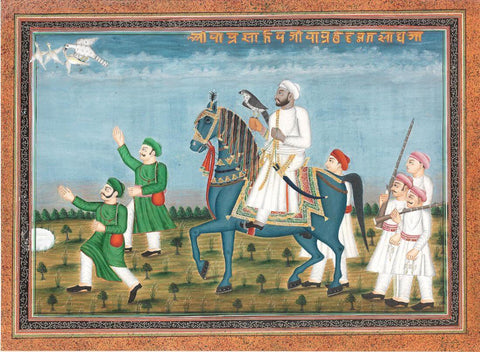 A Ruler Out Hawking On Horseback, With Beaters And Other Attendants On Foot Central India, Second Half Of The 19Th -  Vintage Indian Miniature Art Painting by Miniature Vintage