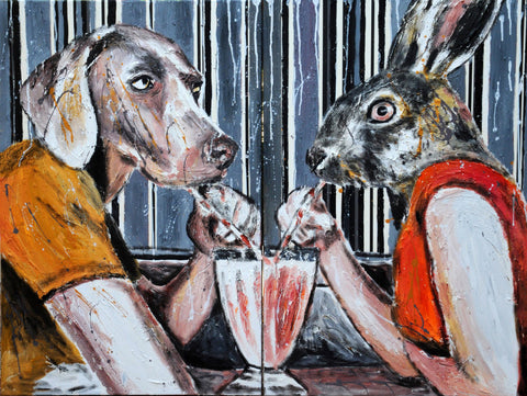 A Dog And A Rabbit Sitting In A Diner - Framed Prints