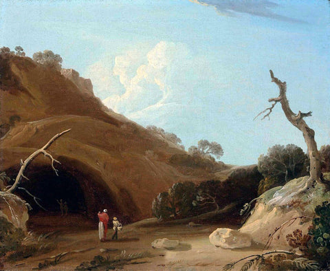 A hilly Indian landscape with figures passing by a cave - William Hodges c 1785 - Vintage Orientalist Painting of India