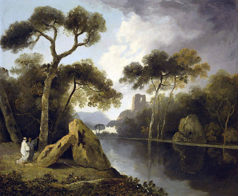 A river landscape with monks conversing by a pair of megaliths - William Hodges c 1782 - Vintage Orientalist Painting of India by William Hodges