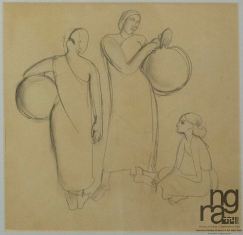 Untitled - Sketch Of Two Women Carrying Pots by Amrita Sher-Gil