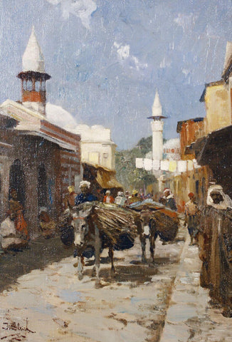 An Arab Street - John Gleich - Vintage Orientalist Painting by John Gleich