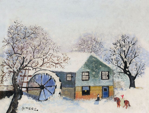 An Old Mill In Winter - Grandma Moses (Anna Mary Robertson) - Folk Art Painting by Grandma Moses