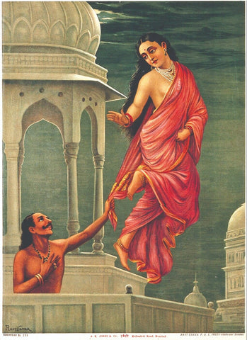 Apsara (Celestial Nymph) Urvashi and King Pururavas - Raja Ravi Varma Chromolithograph Print - Indian Masters Painting by Raja Ravi Varma