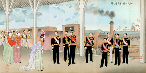 Arrival Of The Imperial Prince At Shimbashi Station - Kobayashi Kiyochika - Japanese Woodblock Print by Kobayashi Kiyochika