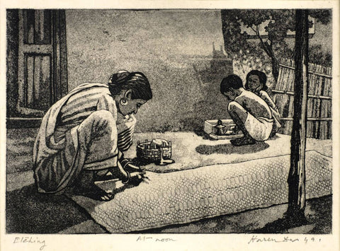 At Noon - Haren Das - Bengal School Art Etching Painting by Haren Das