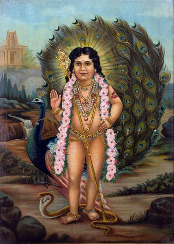 Bala Subramanya Swami (Kartikeyan Murugan) - Raja Ravi Varma Press Oleograph Print - Indian Religious Painting by Raja Ravi Varma