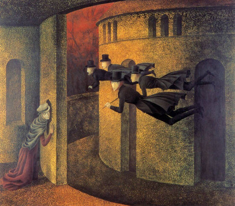 Bankers In Action (Banqueros en acción) – Remedios Varo - Surrealist Art Painting by Remedios Varo