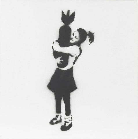 Bomb Hugger (Black and White) – Banksy – Pop Art Painting - Large Art Prints by Banksy
