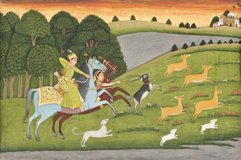 Baz Bahadur And Rupmati Out Hunting - C.1750 -  Vintage Indian Miniature Art Painting by Miniature Vintage