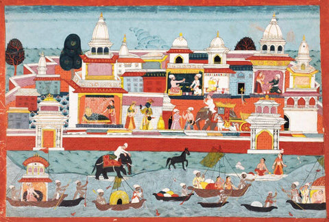 Bhagavata Purana: Krishna Leaving Dwarka -  C.1775 -  Vintage Indian Miniature Art Painting by Miniature Vintage