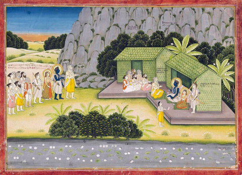 Bharadwaja with Rama, Sita and Lakshmana - Rajput Painting - Jaipur - 19 Century Vintage Indian Miniature Art from the Adhyatam Ramayana by Kritanta Vala