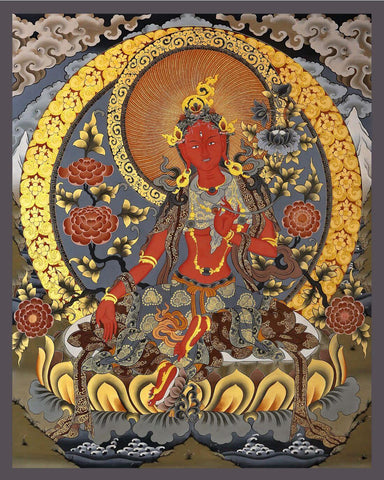 Bodhisattva Tara (Wangdu Rigje Lhmao - Auspicious) - Bhutanese Style Buddhist Thangka by Tallenge