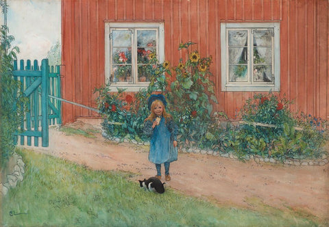 Brita With A Cat (Brita en katt och en smörgås) - Carl Larsson - Water Colour Painting by Carl Larsson