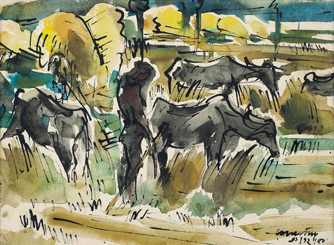 Buffaloes In The Field - Ramkinkar Baij - Bengal School Indian Painting by Ramkinkar Baij