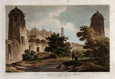 Buildings By The River At Murshidabad, Bengal - Coloured Etching by William Hodges 1788 - Vintage Orientalist Paintings of India by William Hodges