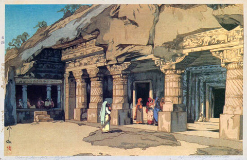 Cave Temples At Ajanta - Yoshida Hiroshi - Japanese Ukiyo-e Woodblock Prints Of India Painting by Hiroshi Yoshida